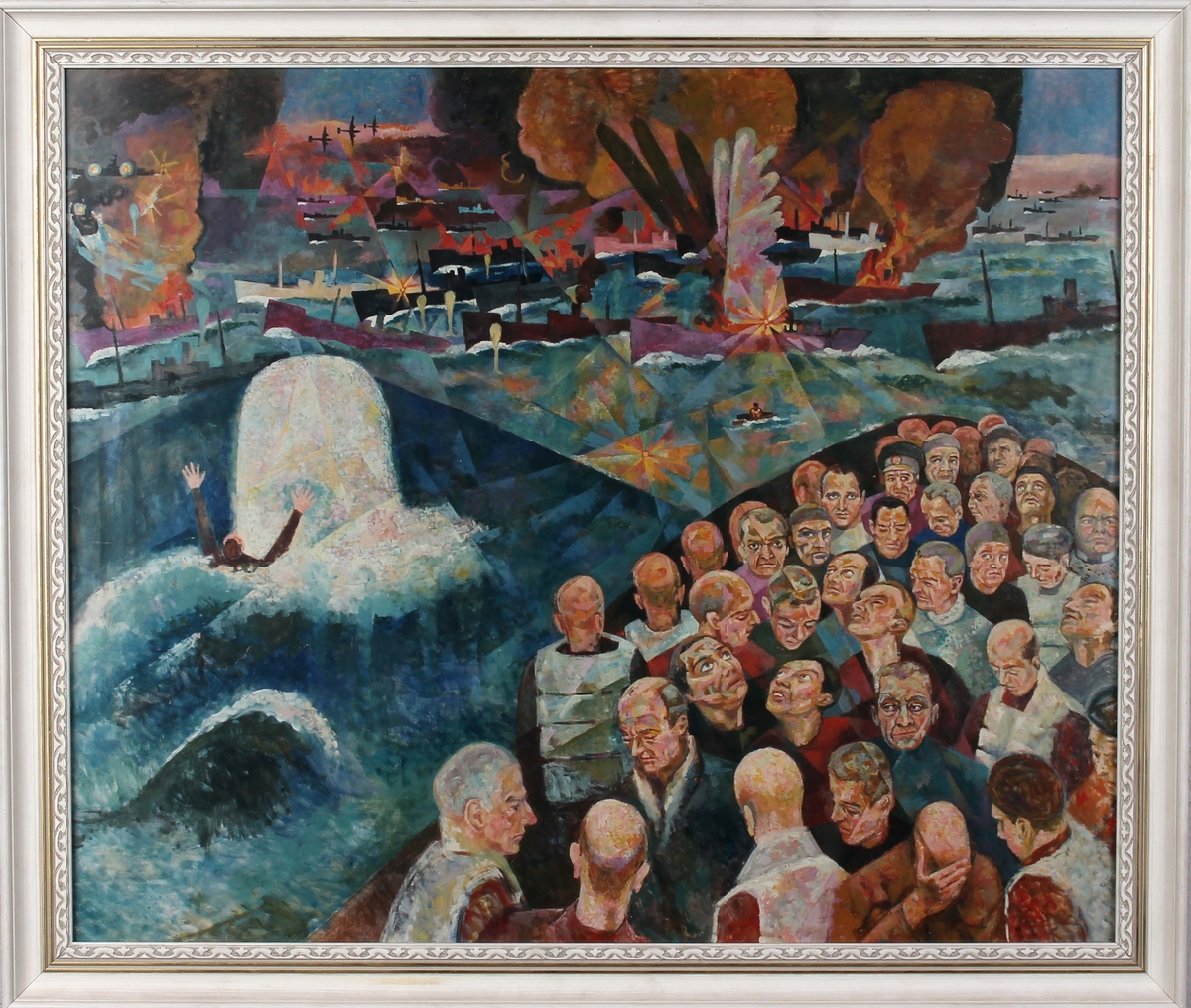 Kopi av maleri av "Krigsseilere 1939-1945" med motiv av mennnesker og skip som torpederes.