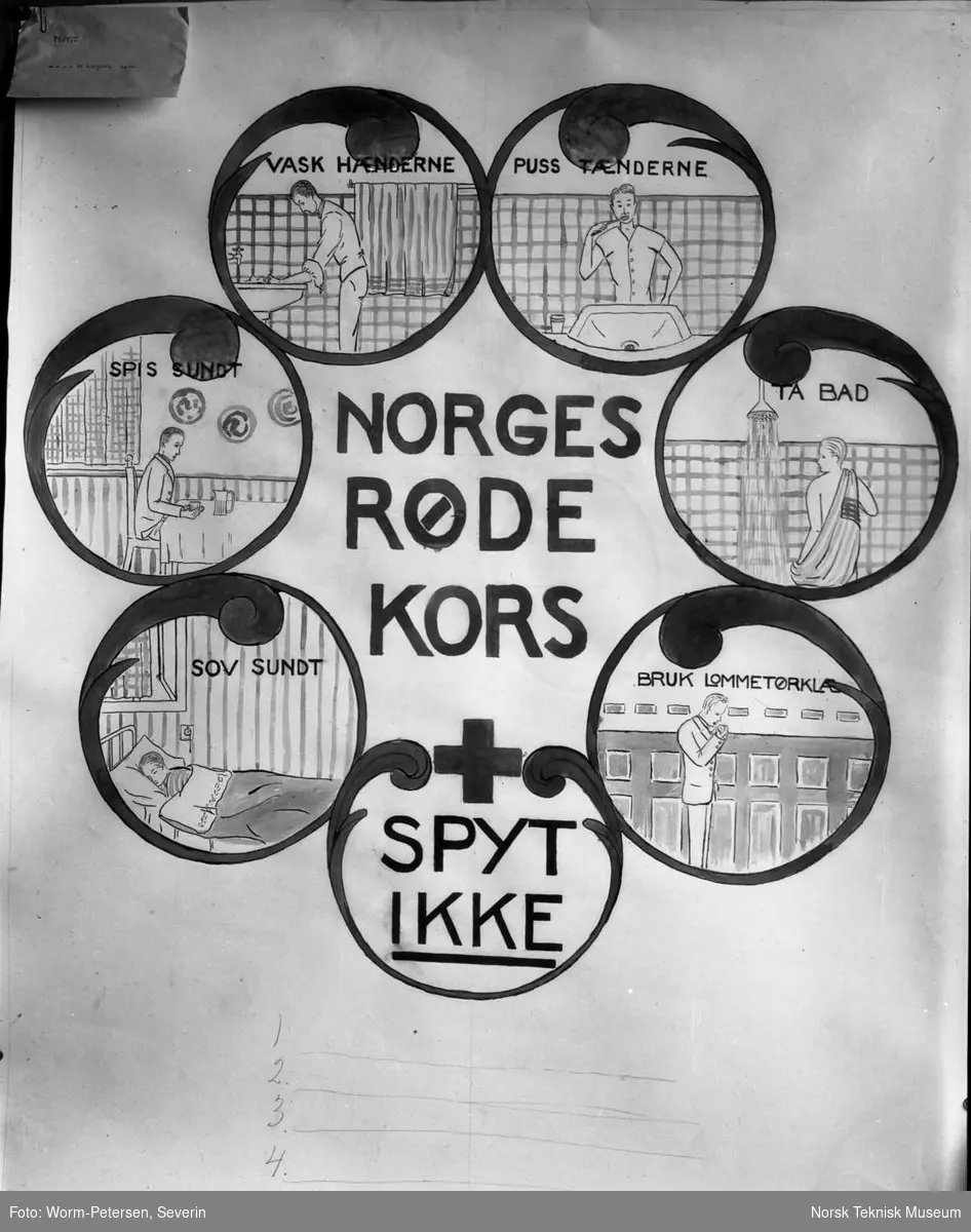 Plakat for Norges Røde Kors: "De 7 helsebud". Røde Kors utstilling i 1925.