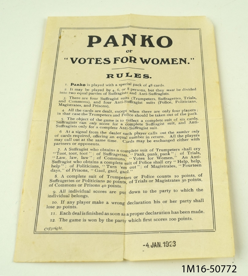 Kortspel "Panko or "Votes for Women"". Kort med olika figurer på. Regler medföljer. Utgivet 1923.