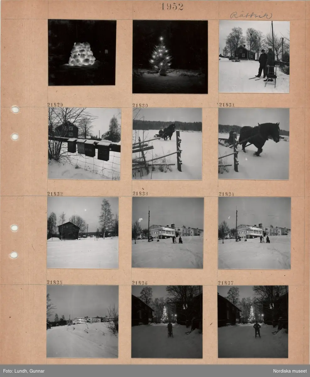 Motiv: Rättvik ;
Nattbild med en tänd ljuslykta, en tänd julgran utomhus, två män står vid en sparkstötting, brevlådor, en man åker på en hästdragen kälke, snötäckt landskapsvy med hus, nattbild av en väg med en person på en kälke med en tänd julgran i bakgrunden.