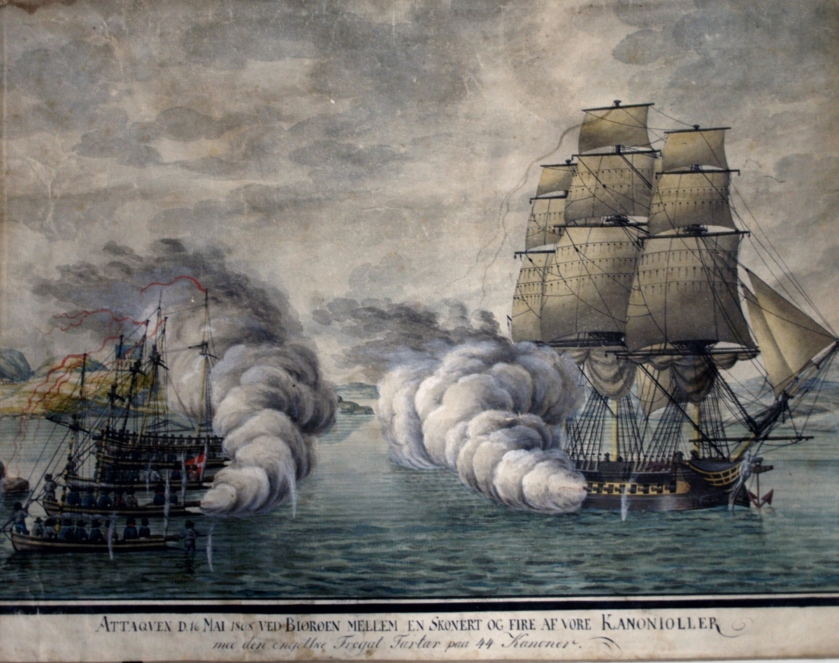 Maleri av "Slaget ved Bjørøen (Alvøen) 16. mai 1808". Den engelske fullriggeren TARTAR møter fire kanonjoller og en skonnert (kanonsjalupp) i Vatlestraumen.