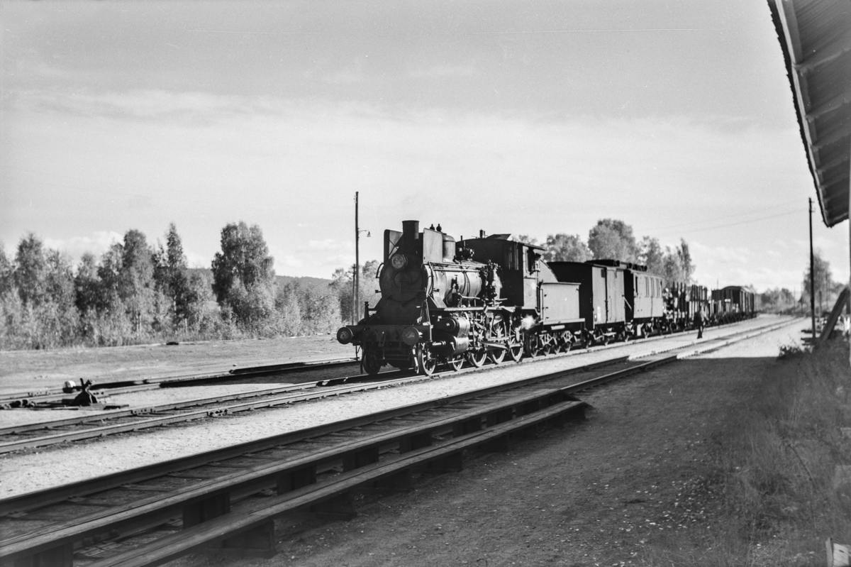 Godstog på Flisa stasjon. Toget trekkes av damplokomotiv type 27a nr. 234.