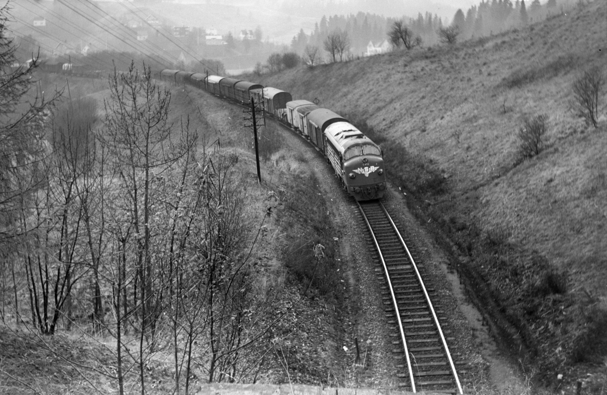 Godstog 5717 til Trondheim i nærheten av Selsbakk stasjon. Toget trekkes av diesellokomotiv type Di 3 nr. 612. .