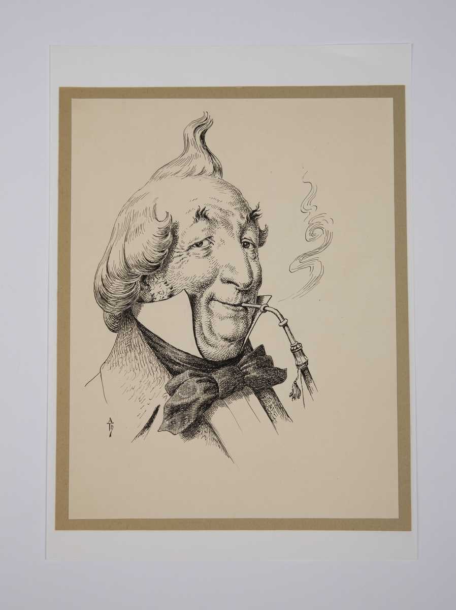 Tegning av eldre mann som røyker langpipe.