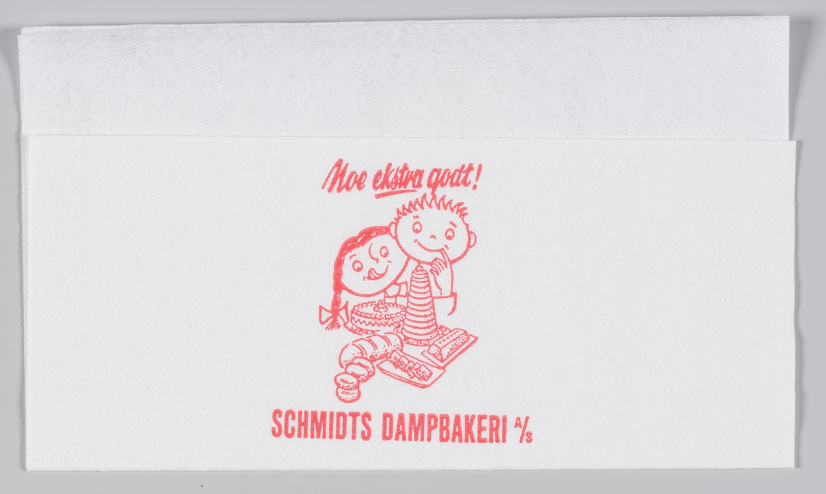 To barn og masse kaker og brød og reklametekst for Schmidts Dampbakeri A/S i Mandal.

Schmidt Dampbakeri stengte i 2014.