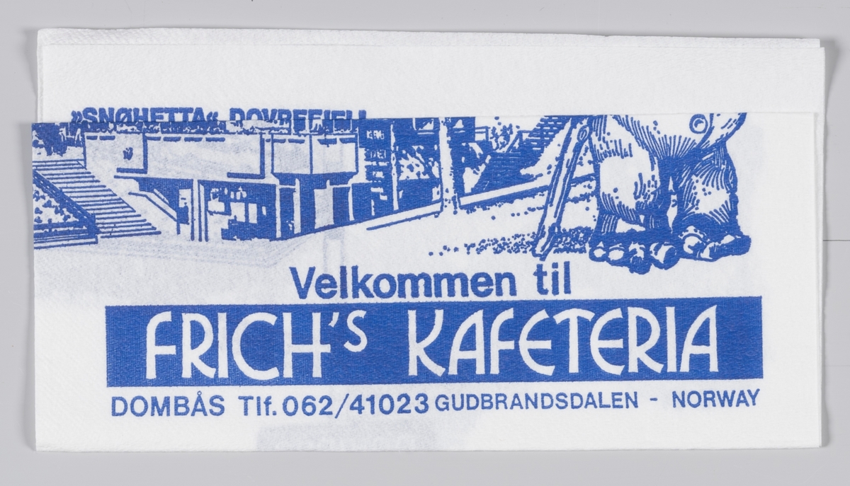 En stor troll, en kafeteriabygning, et veiskilt og Dovrefjell med en moskusokse og en rein og reklametekst for Frich`s kafeteria på Dombås.