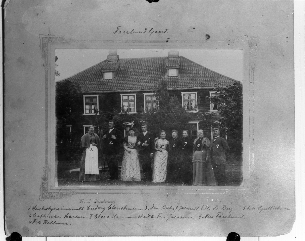 Avfotografert bilde av et antall personer oppstilt foran hovedbygningen muligens på Faarlund østre. Stedsnavnet "Faarlund gaard" er skrevet over bildet. Personene er nummerert, og navn er påført under bildet.