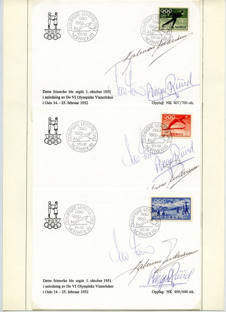 A4-ark med tre konvolutter, frankert med frimerker fra vinter-OL i 1952. Alle konvoluttene er signert av OL-vinnerne Hjalmar Andersen, Ivar Formo og Birger Ruud. Stempelet har tegning av en skihopper og de olympiske ringer.