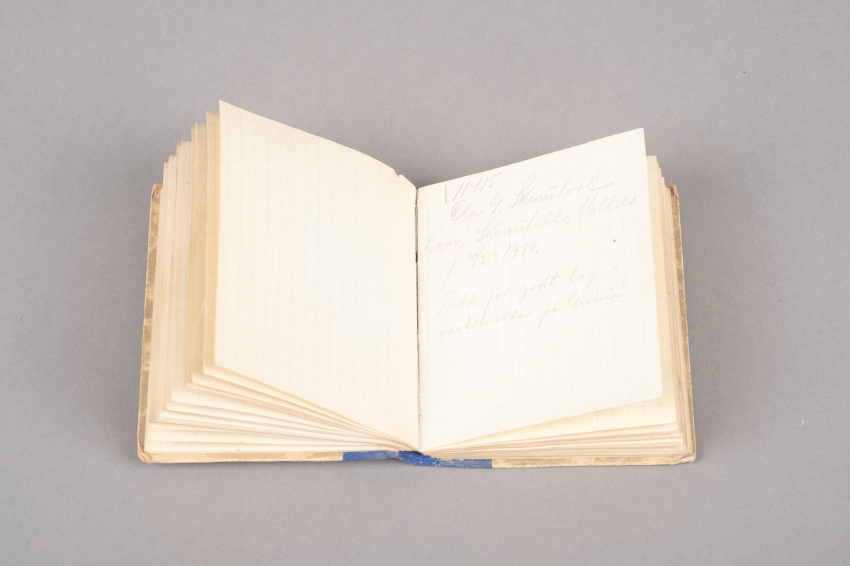 Liten minnebok innbundet i hard omslag. Boken er trolig produsert på bokbinderiet. Ryggen er kledd med blå tekstil, sidene er kledd med papir. Arkene på innsiden er rutet. Tekstene er skrevet med blyant.