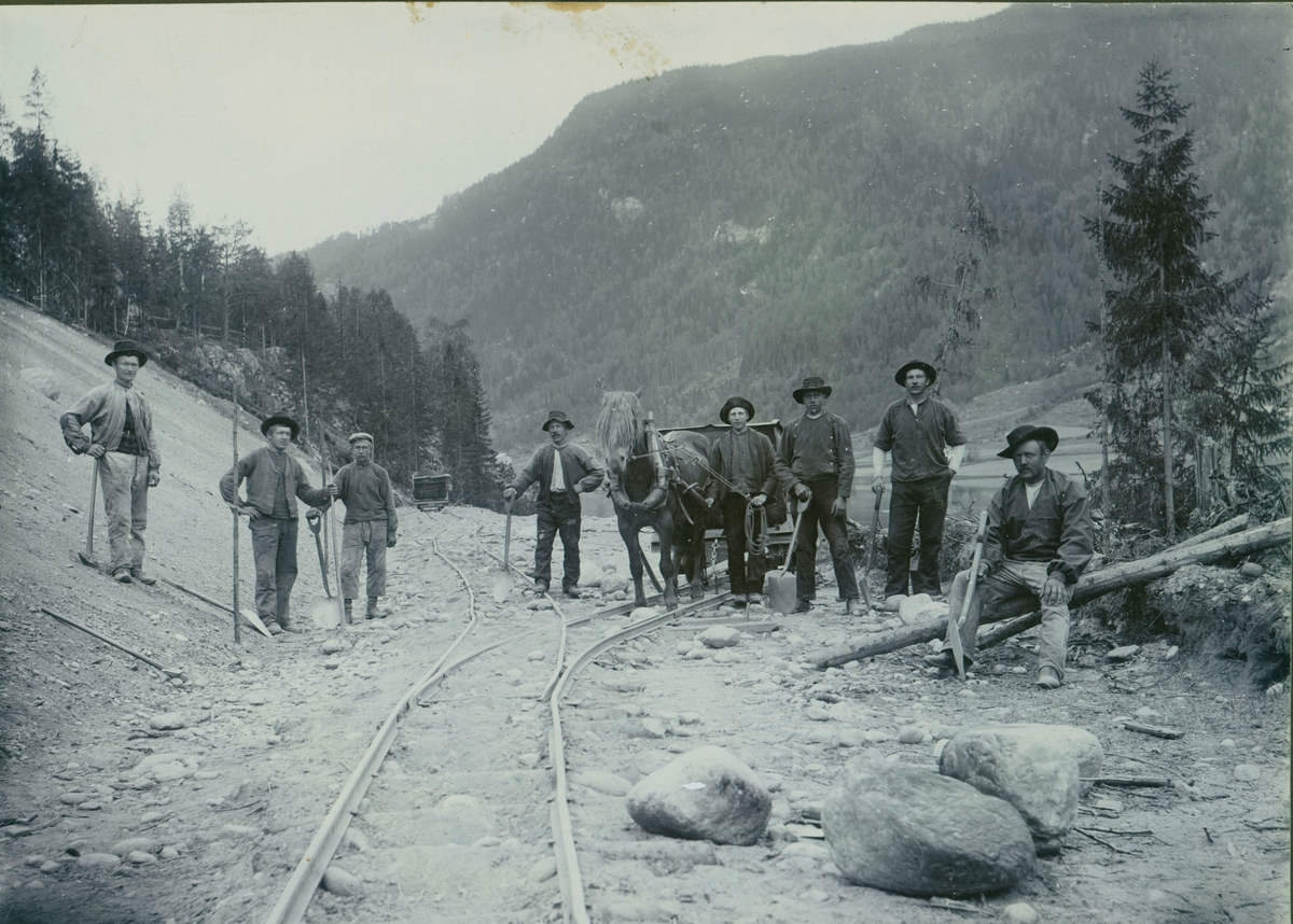 Arbeidslag på Bergensbanen ca.1905.
Hest og vaggar er med.
