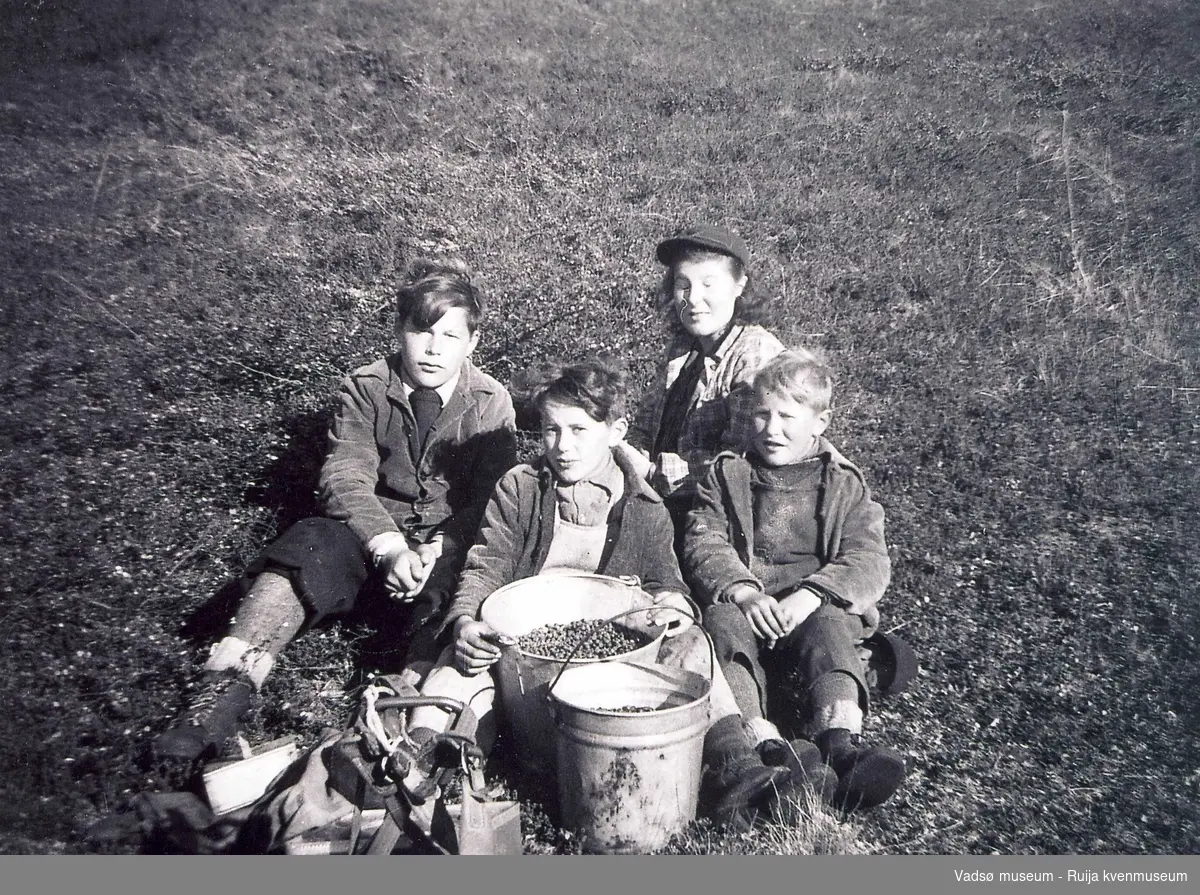 Barn på bærtur med bær i spann. Søskenflokken fra venstre Richard, Arne, Karen og Albert Korvanen. Ca 1950-tallet.