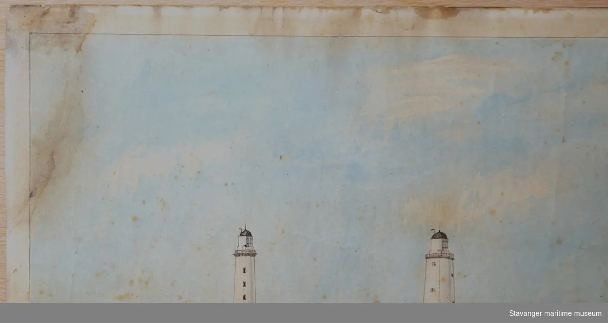 Motiv med tre fyrtårn og fyrbygninger på Lista, som alle var i drift samtidig i årene 1853 - 1873. Også steingjerder, beitemarker, kyr og personer er avbildet.

Akvarellen er usignert