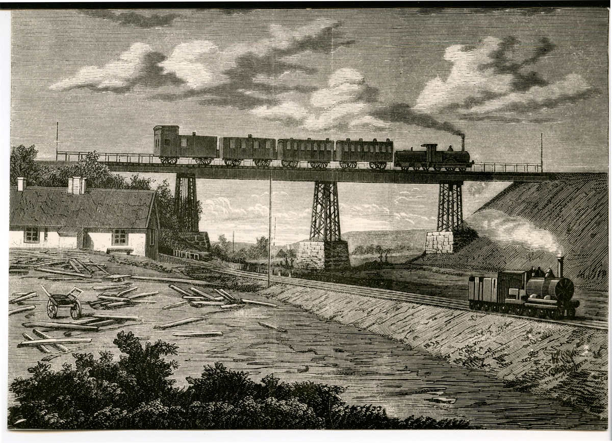 Järnväg över järnväg.Viadukt över Vallåkradalen, tecknad efter fotografi. text baksida av fotot.