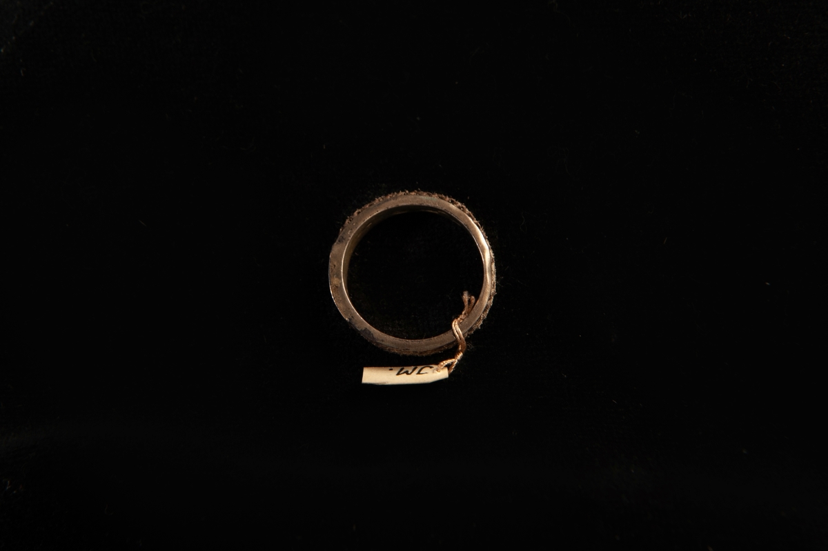 En ring av förgyllt silver. Fattat i ringen en dubbelflätad mörkbrun
hårfläta. Front i guld med ingraverade ägarinitialer: "J.E.W." Mycket otydliga stämplar invändigt.