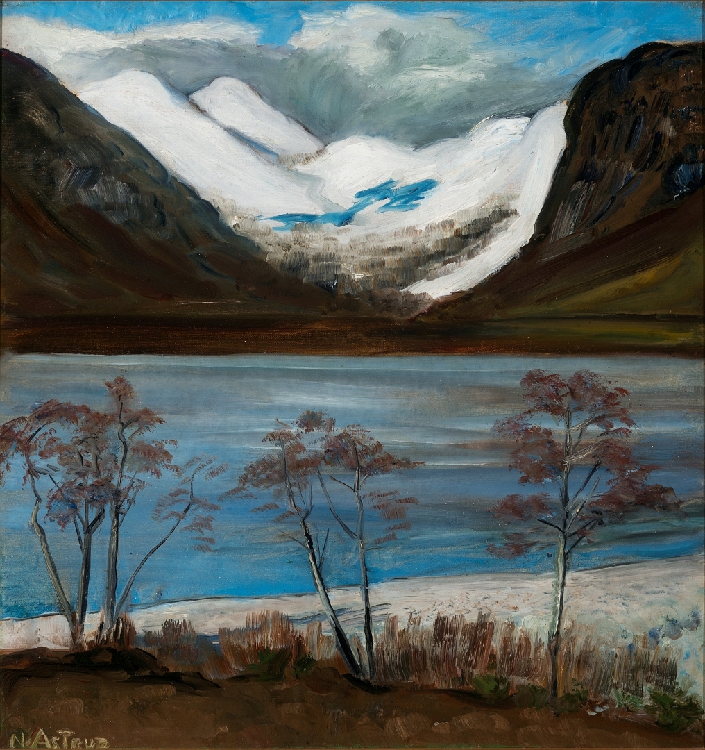 Trær og snøfjell [Maleri]