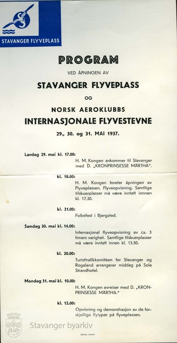 Program ved åpningen av flyplassen på Sola 29.- 31. mai 1937. ..(Fra minnealbum avlevert av familien Hansen. Bildene og dokumentene er dog blitt til som ledd av L.W.Hansens kommunale virke, og er således innlemmet som del av formannskapets bildearkiv)