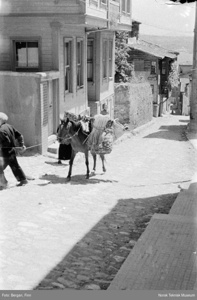 Esel med stor last, og to personer, i en smal gate i Istanbul