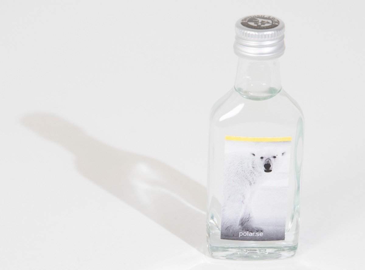 Flaska av glas innehållande vatten från Nordpolen. Flaskan är försluten med vridlock av metall. På framsidan etikett med bild av isbjörn.