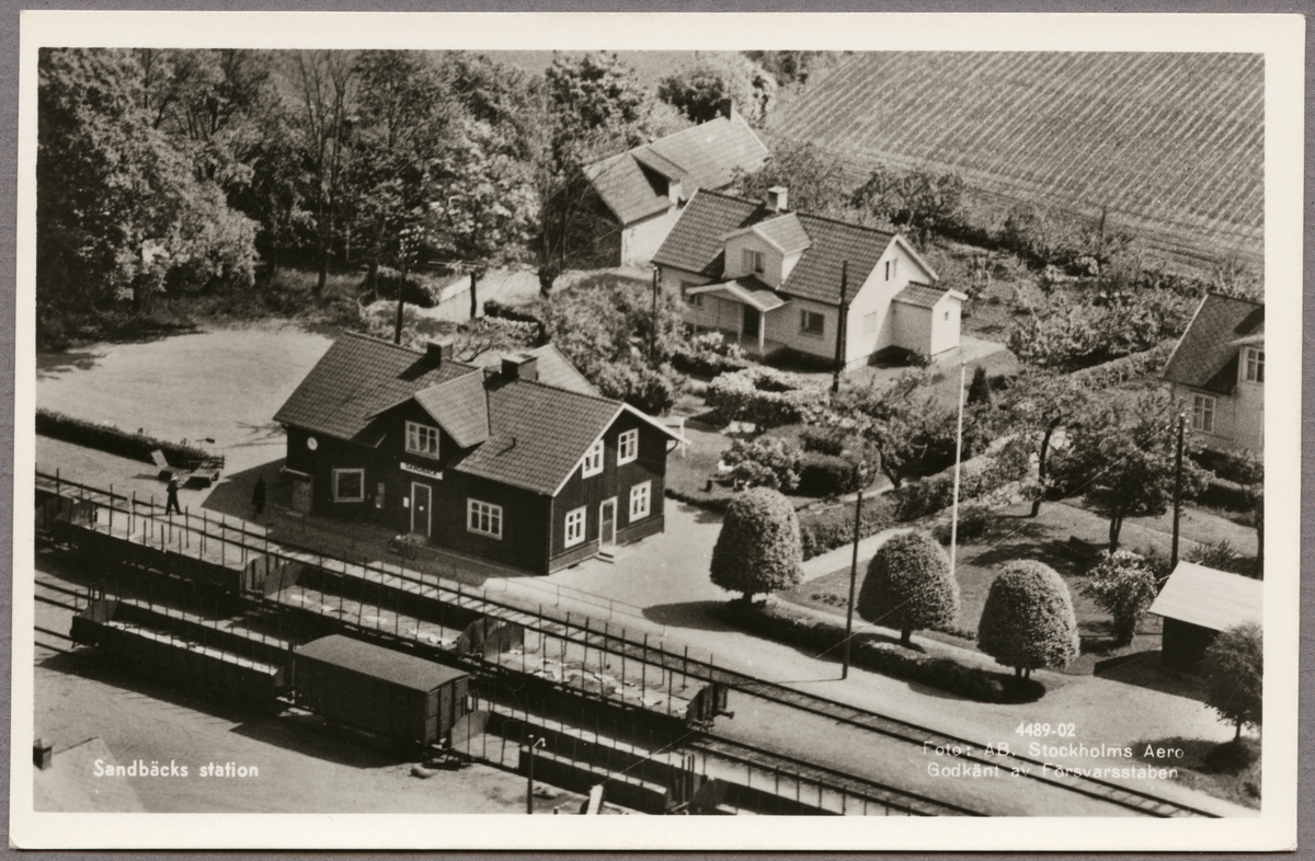 Flygfoto på stationsområde med jordbruk och hus i bild.
