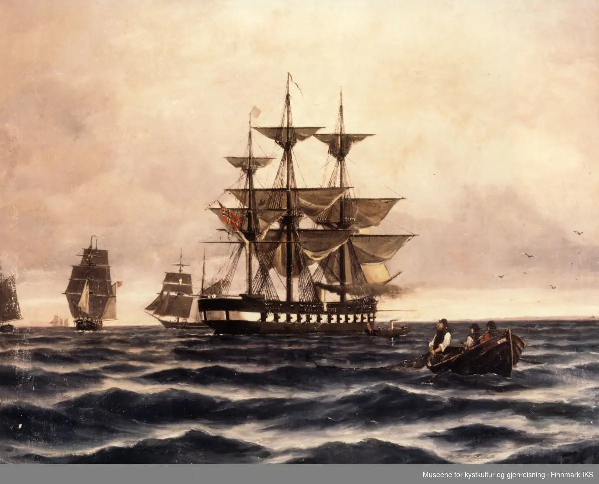 Maleri av fregatten "St. Olaf". Kong Oscar II kom til Nordkapp 02. juli 1873 med fregatten.