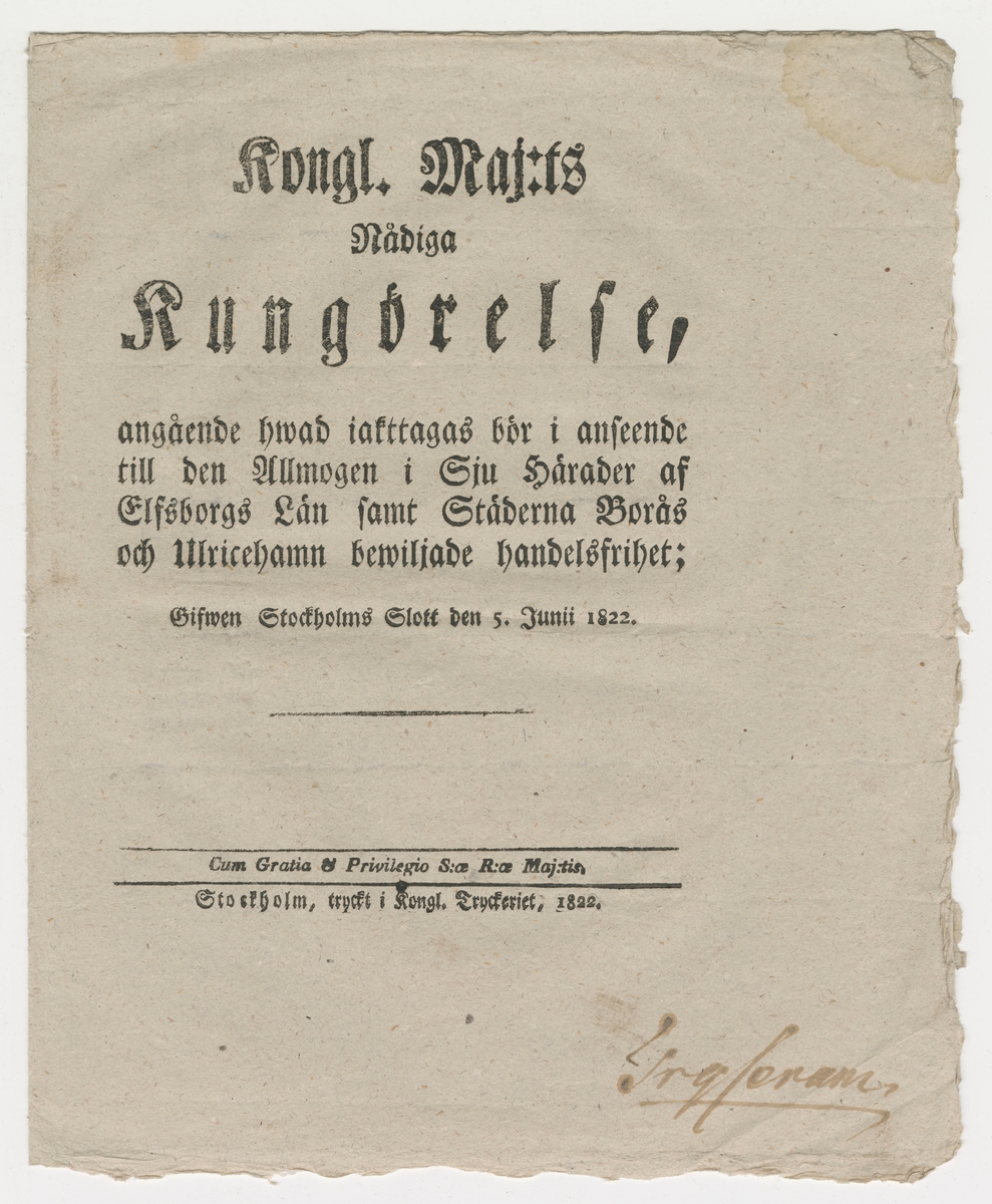 Tryckt kungörelse utgiven i Stockholm 1822.