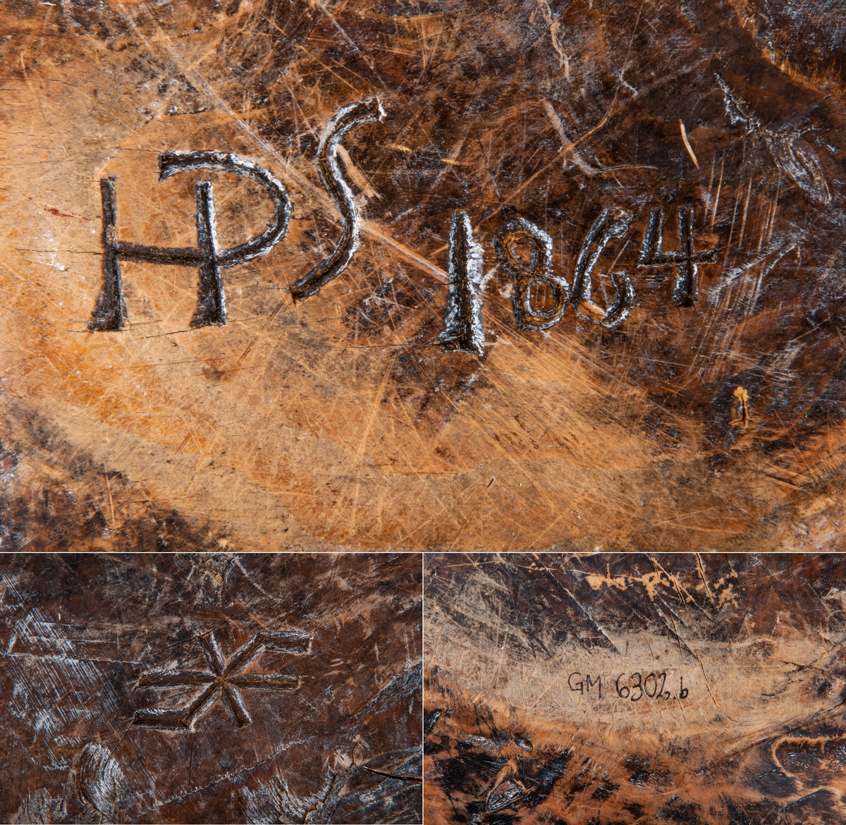Träskål, vrilskål, snidad av utväxt från träd.
Av björk, urgröpt, naturvuxen, ojämnt trekantig till formen.
Undersidan märkt med karvsnitt: HPS 1864.