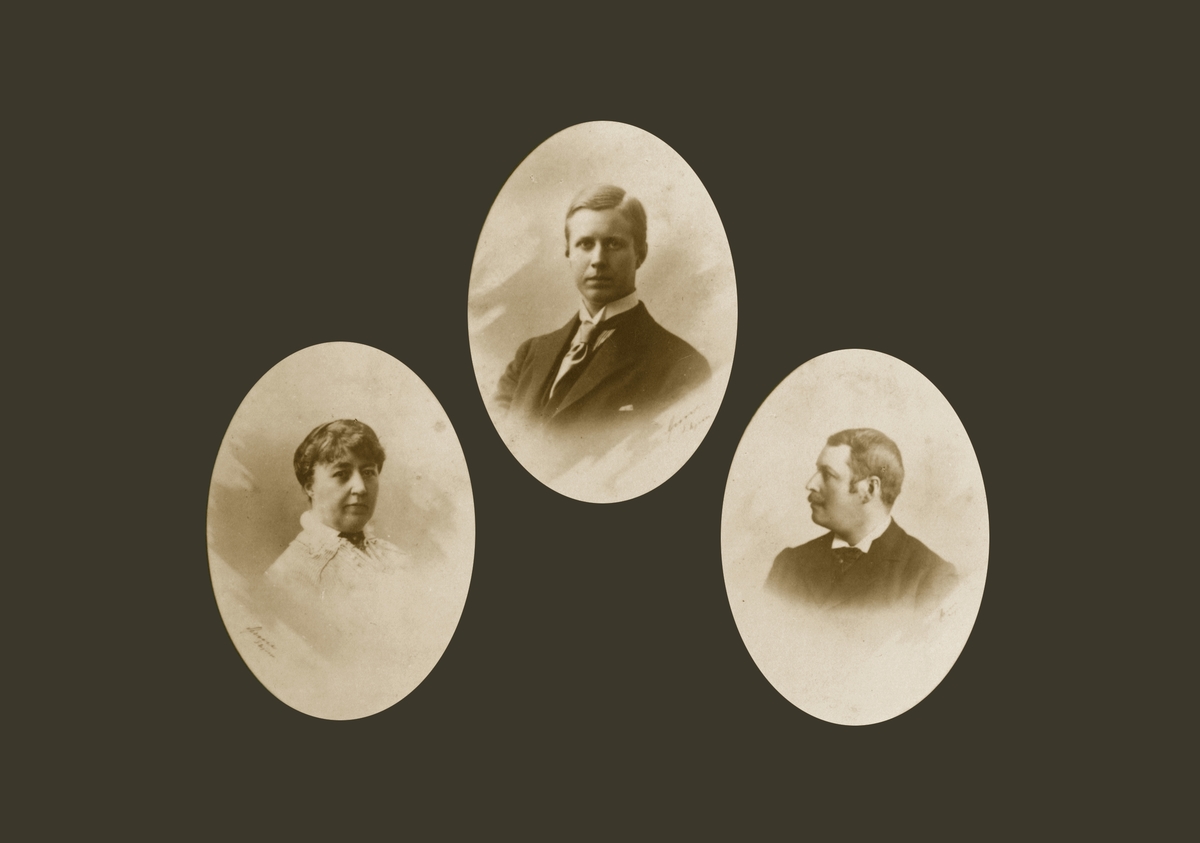 Side 5 i Anton Sophus og Barbara Bachkes familiealbum. Til høyre: Anton Sophus Anker Bachke (1865-1902), til venstre: Margarethe (Greta) Engelius (1862-1952), øverst: Anton Sophus Bachke (1895-1972)