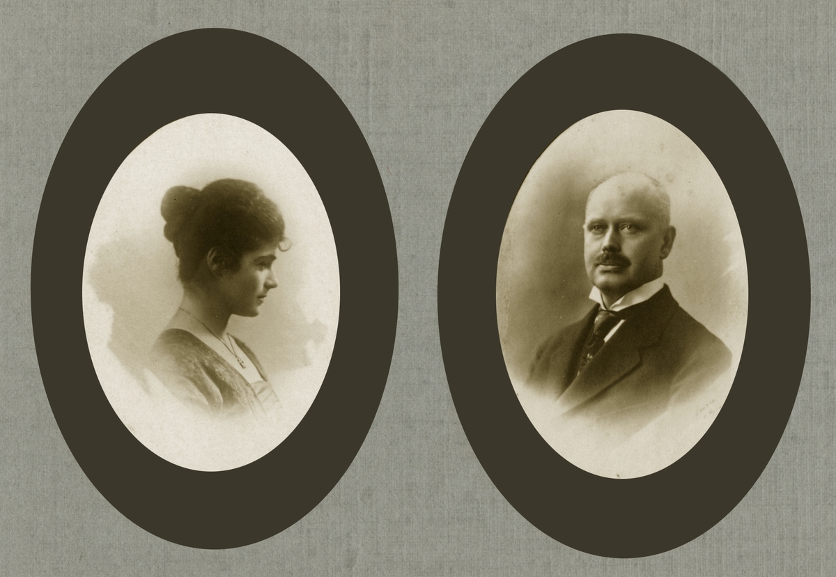 Side 9 i Anton Sophus og Barbara Bachkes familiealbum. Portretter av Christian Anker Bachke (1873-1946) og Victoria Bachke (f. Rostin) (1897-1963).