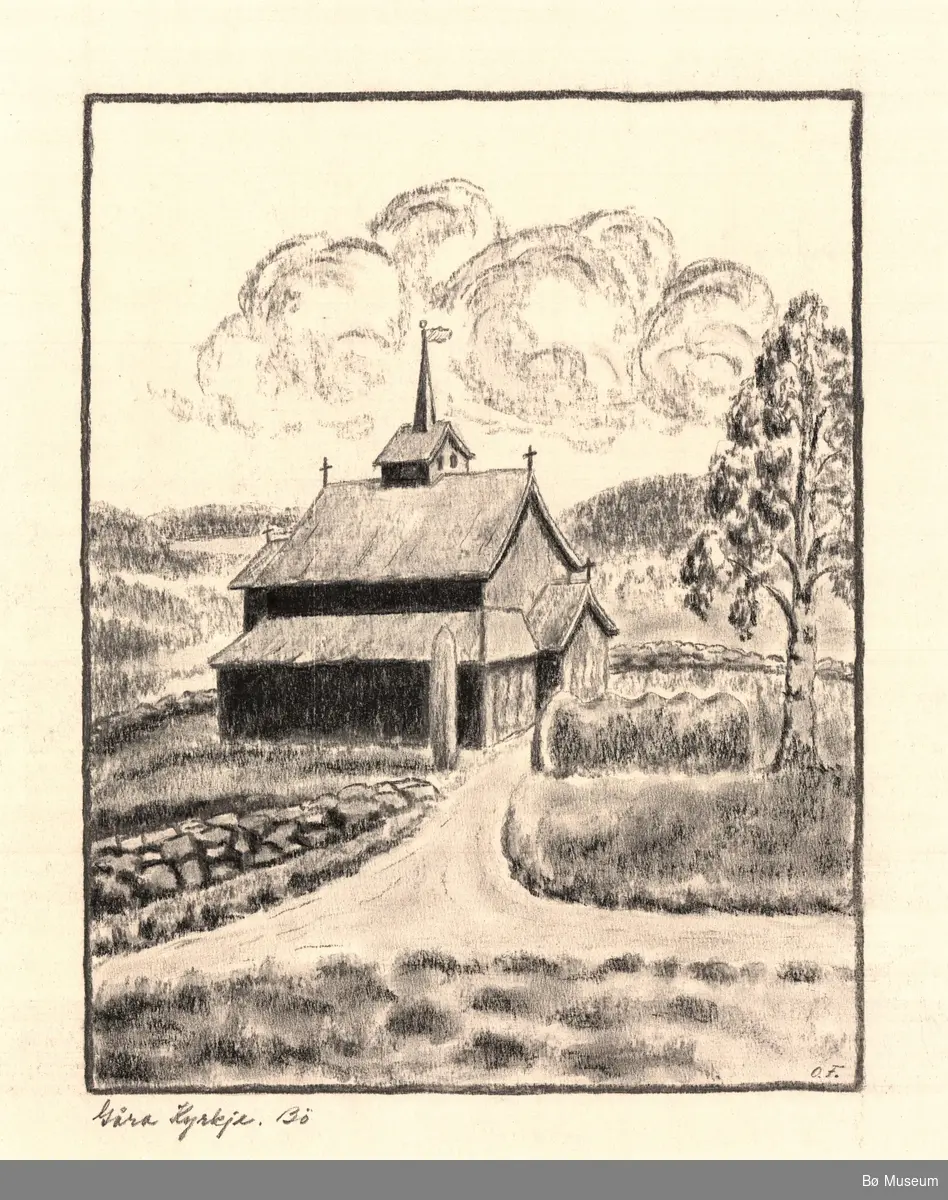 Innramma kolstiftteikning av Gåra stavkyrkje i Bø i Telemark.
Kunstnar: Olav K. Folkestad (1903-)