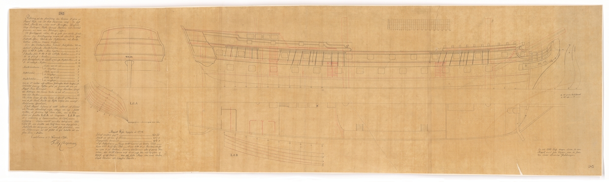 Ombyggnadsritning till 60-kanonersskeppet WASA: profil, tvärsektion, spant och plan.