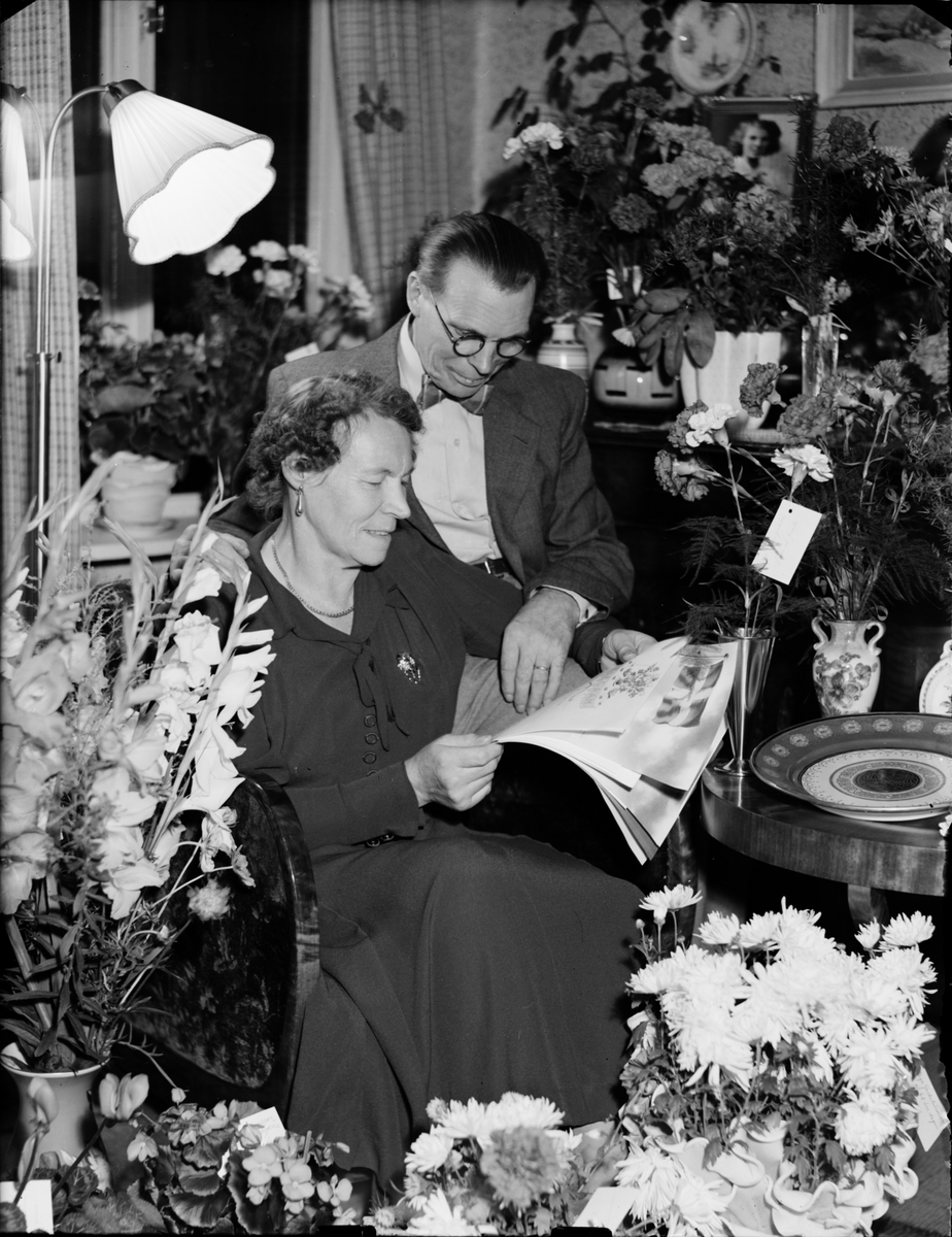 Kvinna och man i hemmiljö omgiven av blommor, läser telegram, Östhammar, Uppland,