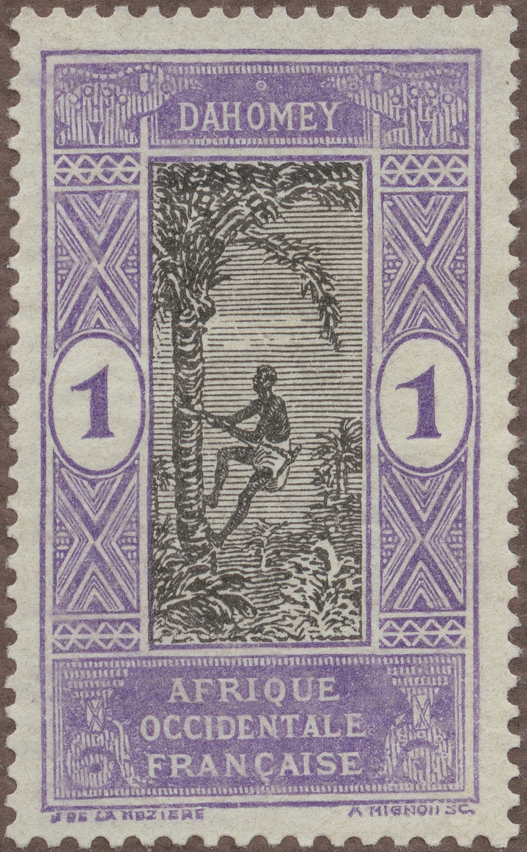 Frimärke ur Gösta Bodmans filatelistiska motivsamling, påbörjad 1950.
Frimärke från Franska Västafrika, 1913. Motiv av palmskörd i Dahomey.