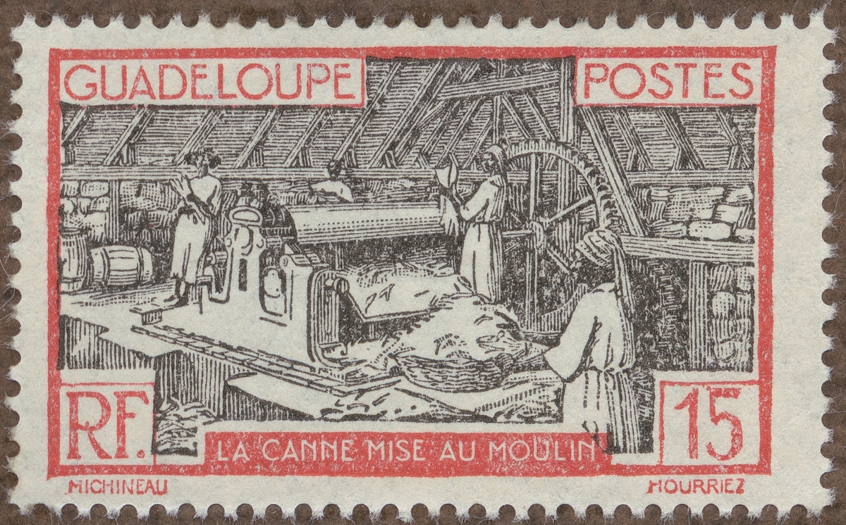 Frimärke ur Gösta Bodmans filatelistiska motivsamling, påbörjad 1950.
Frimärke från Guadeloupe, 1928. Motiv av malning av sockerrör.