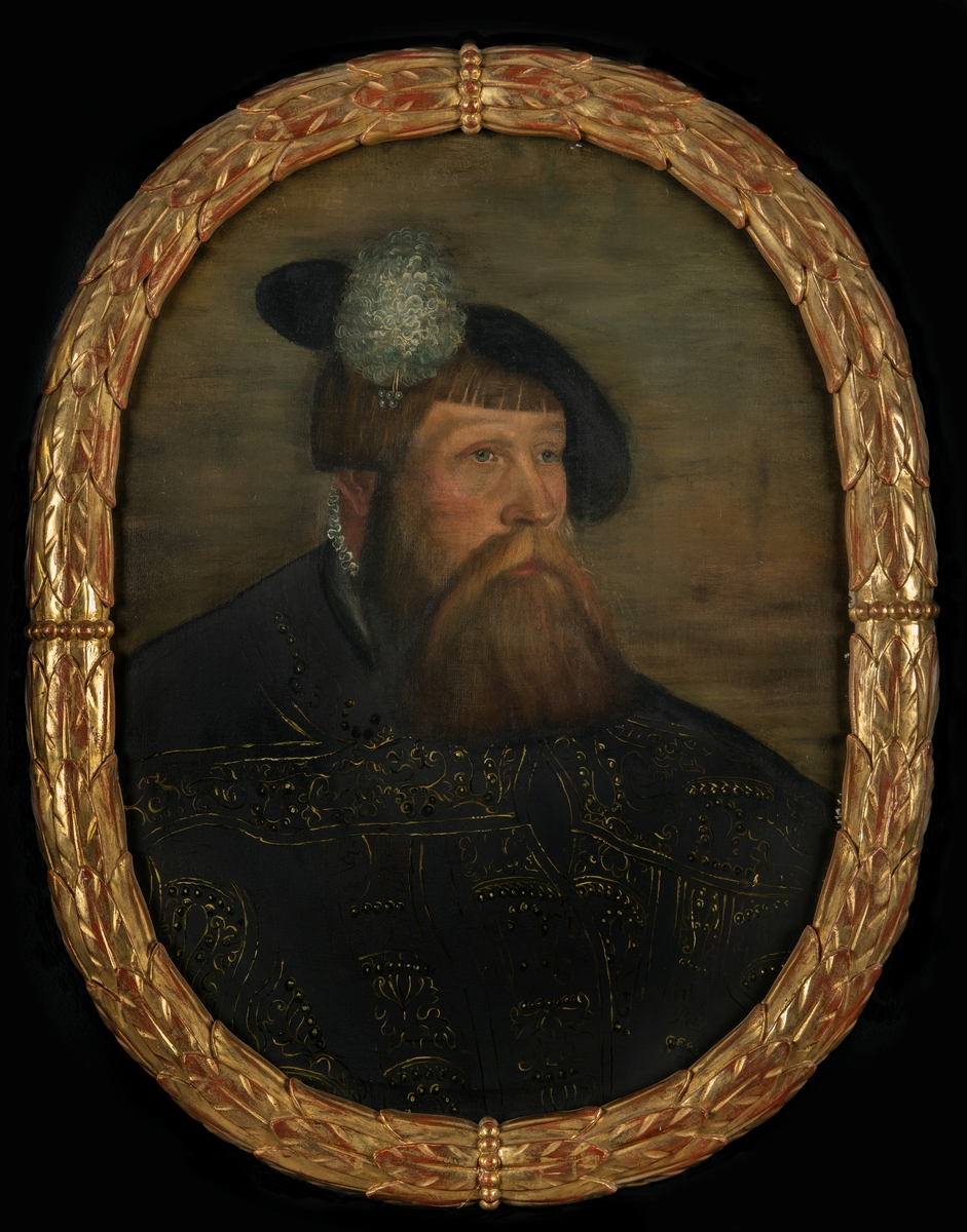 Oljemålning, porträtt av Gustav Vasa. 
Förgylld ram.