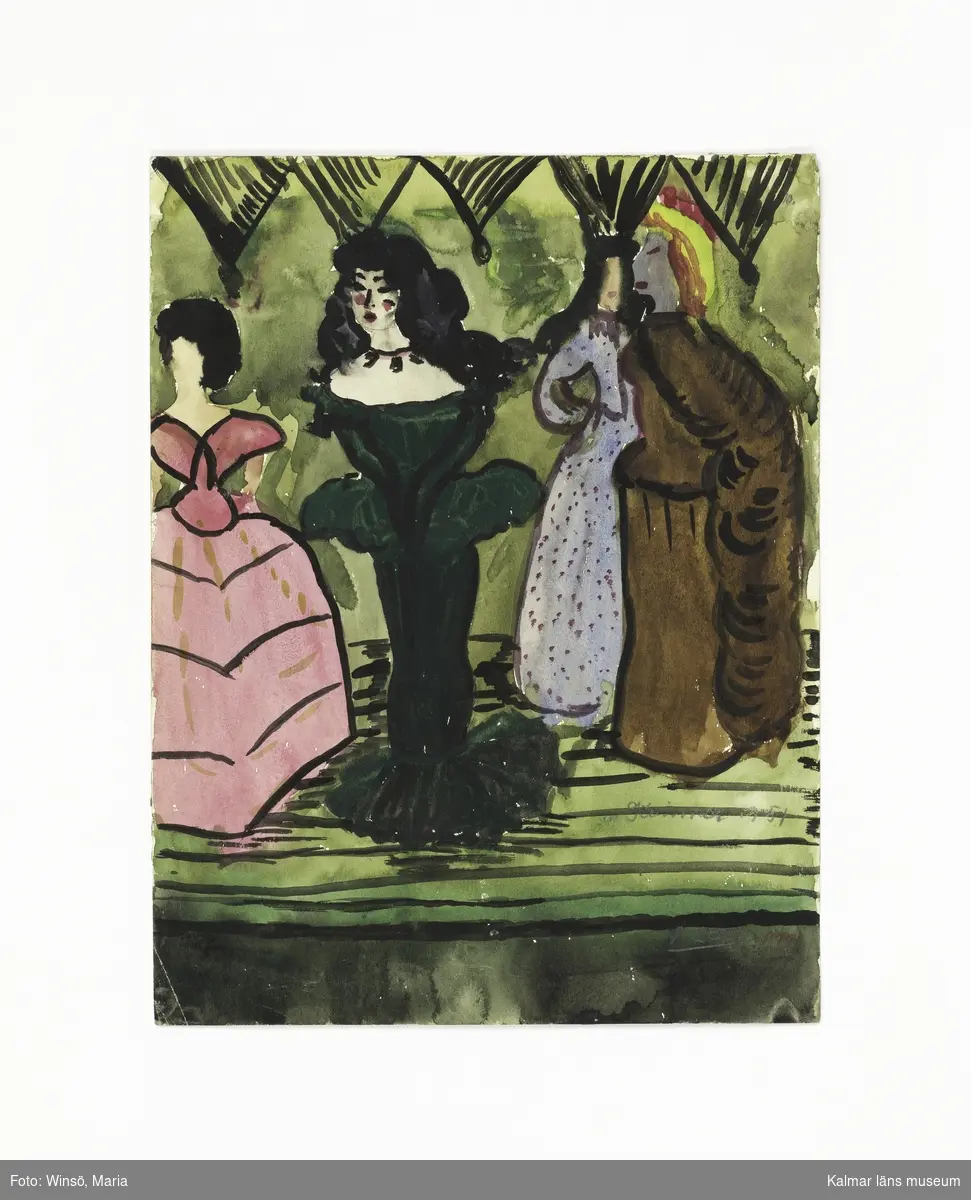 1: Ansikte. Titel: "Lustekurr! 2: Kvinnor i klänningar. Titel: Kvinnor 1951. Ansikte i profil som sprutar grön eld ur munnen (baksida). 3: Virvlande mönster. Titel: NERVOSITET.