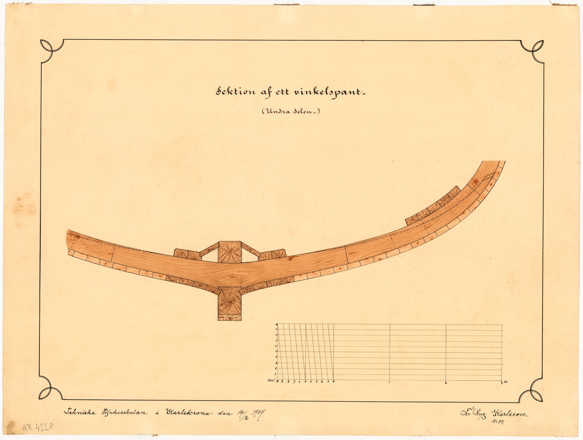 Kulört sektionsritning som visar utformning av ett vinkelspants undre del till ett träfartyg. Ritningen utfördes som elevarbete i Tekniska yrkesskola i Karlskrona.