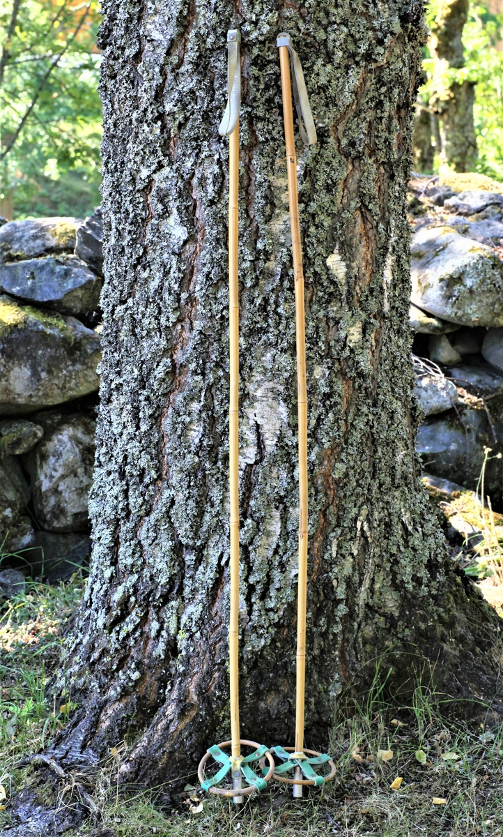 Et par skistaver av bambus med håndtak av skinn, og trinser med pigger nederst.