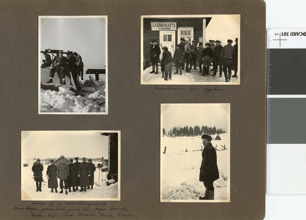 Text i fotoalbum: "Studieresa med general Alm till Finland 1.-12. mars 1939. Finska off av underhållsregementet. Överste Lagus, general Sarlin, general Alm, manor Ekenroth, kapten Beijer, överste Himonen, kapten Soininen."