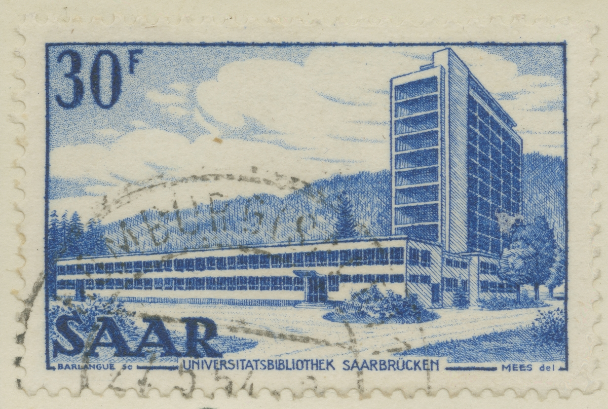 Frimärke ur Gösta Bodmans filatelistiska motivsamling, påbörjad 1950.
Frimärke från Saar, 1935. Motiv av Universitetsbiblioteket i Saarbrücken.