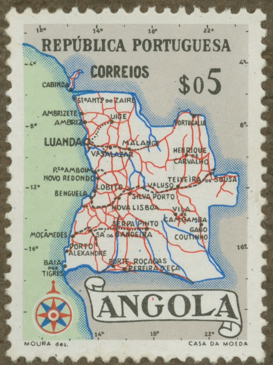Frimärke ur Gösta Bodmans filatelistiska motivsamling, påbörjad 1950.
Frimärke från Portugisiska S.V. Afrika, Angola, 1955. Motiv av karta över Angola.