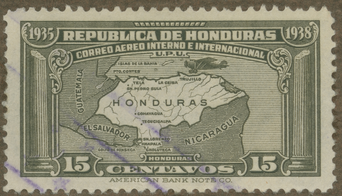 Frimärke ur Gösta Bodmans filatelistiska motivsamling, påbörjad 1950.
Frimärke från Honduras, 1935. Motiv av karta över Honduras.