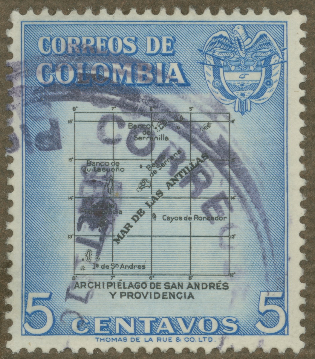 Frimärke ur Gösta Bodmans filatelistiska motivsamling, påbörjad 1950.
Frimärke från Colombia, 1956. Motiv av karta över Antillerna.