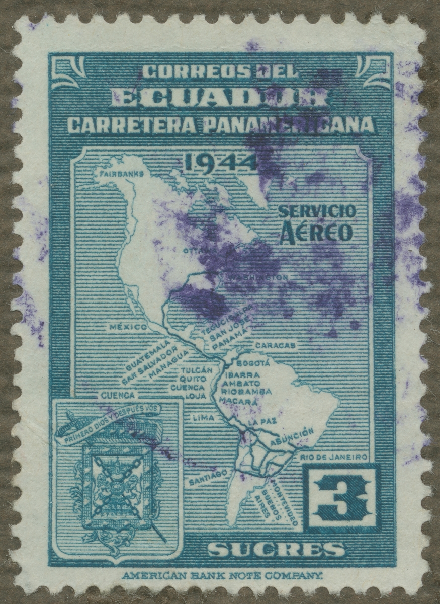 Frimärke ur Gösta Bodmans filatelistiska motivsamling, påbörjad 1950.
Frimärke från Ecuador, 1946. Motiv av karta över Sydamerika med Riksvägen: "Pan-American Highway" och Cuencas vapen.