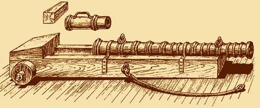 Krutkammare (kammarstycke) till bakladdad kanon från 1400-talet. Cylindrisk med kraftig stoppring nära mynningen. Kammaren invändigt konisk, ca 27 cm djup, mynningens diameter 6 cm. Koniskt fänghål omgivet av försänkta linjer som framtill bildar ett kors, vilkets ändar markeras med en grop vardera.