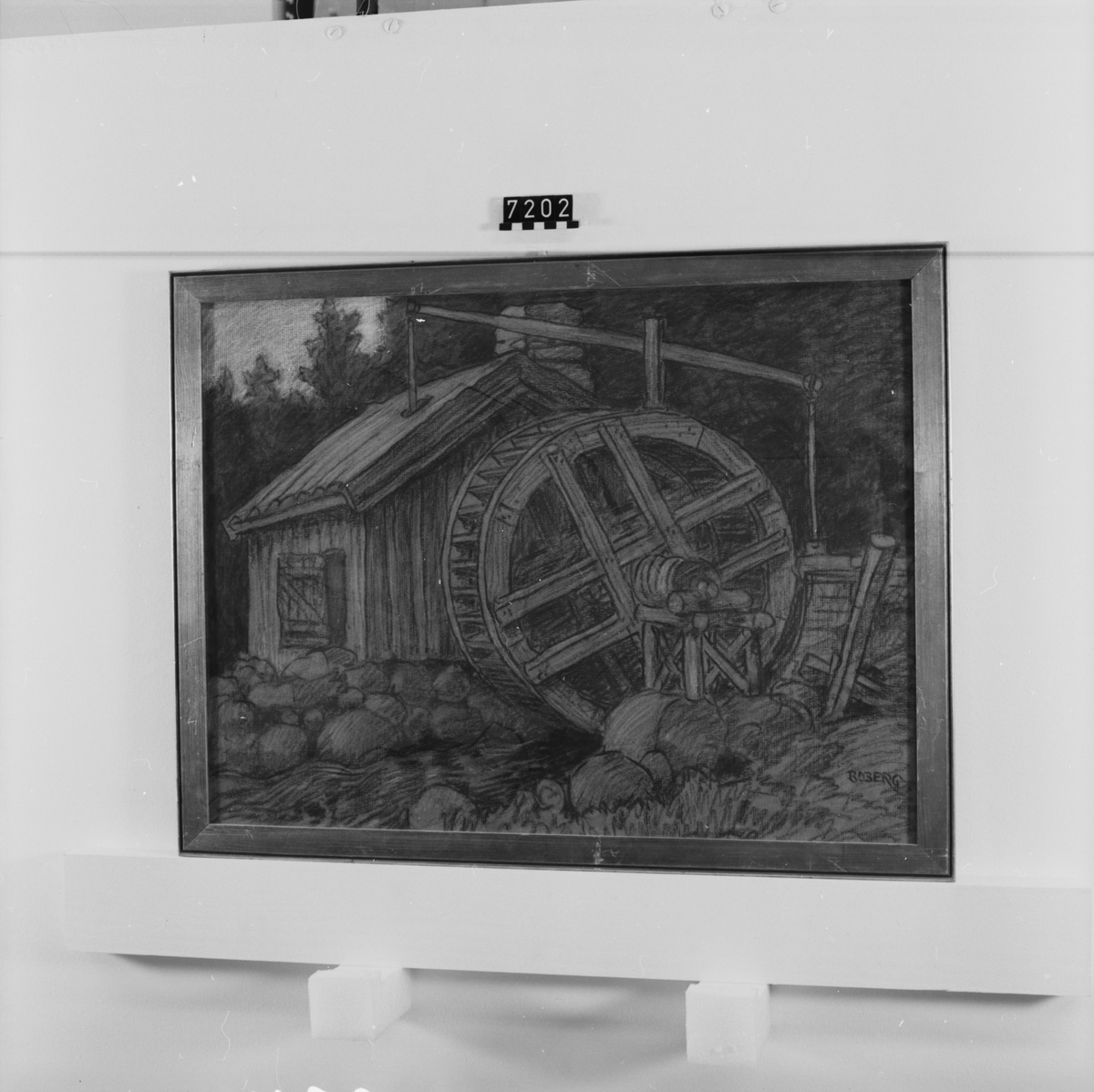 Signerad "Boberg". På tavlans baksida: "Groftråddrageriet vid Getarp i /Gnosjö (Småland) 1922". "Ferdinand Boberg". I glas och förgylld ram.