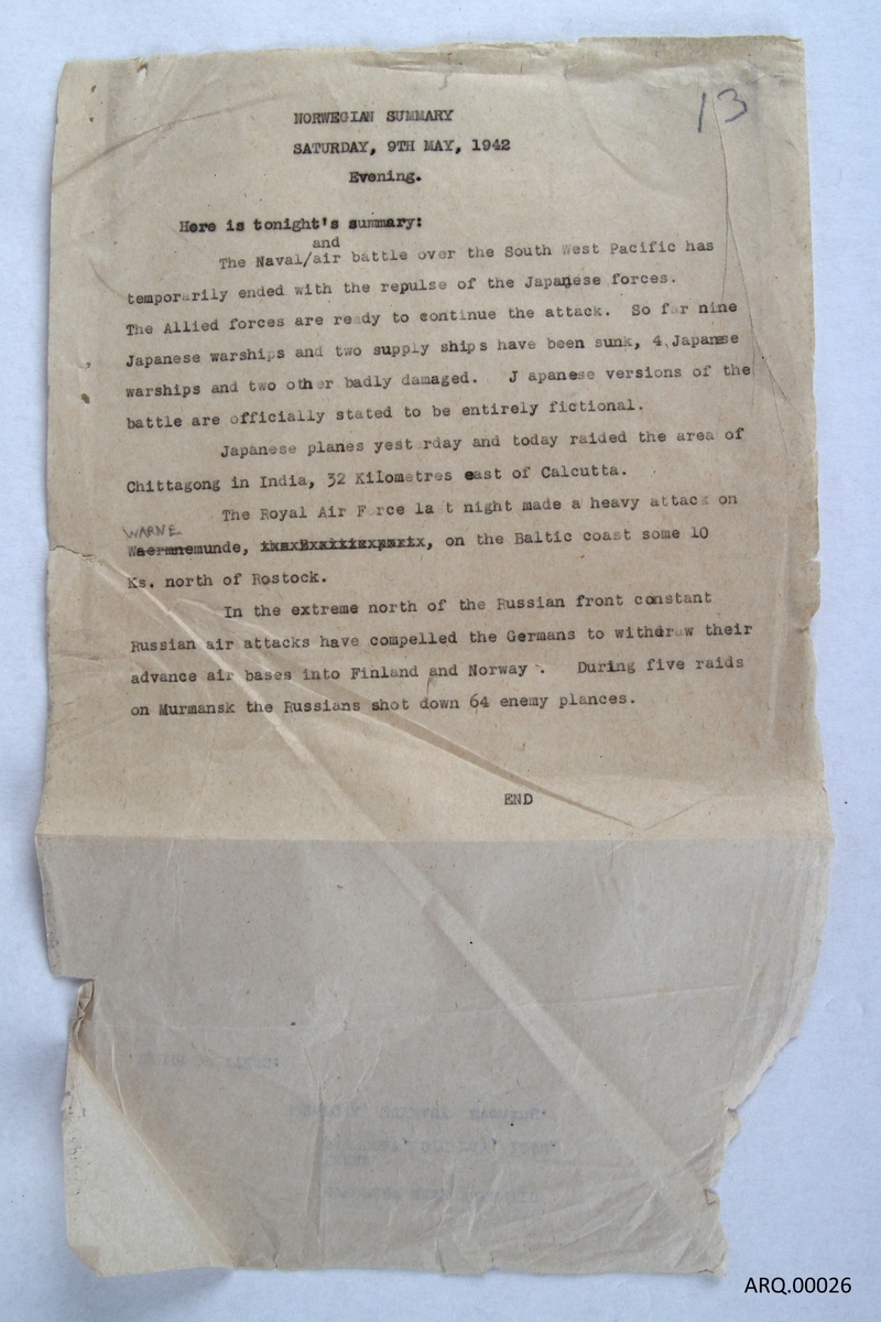 Manuskript fra den norske nyhetssendingen fra London 9.mai 1942.