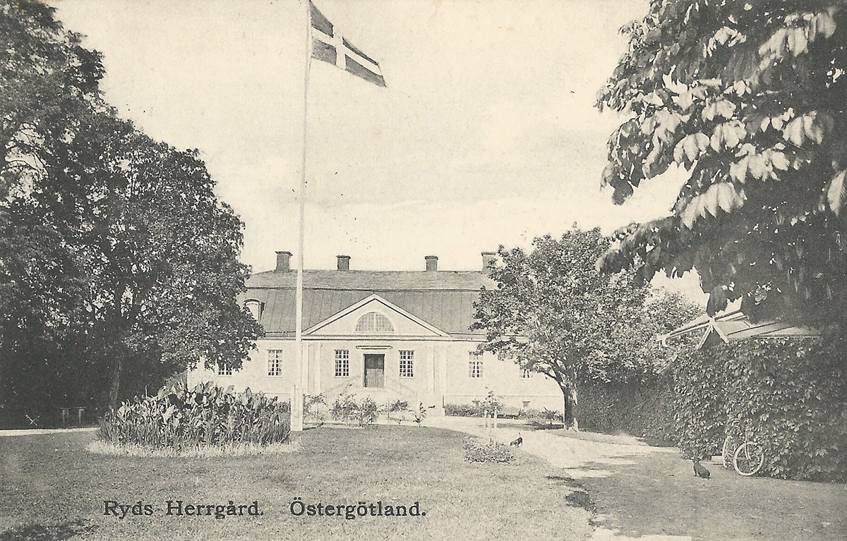 Vykort Bild från Ryds herrgård i Linköping.
Ryd, Ryds gård, 
Poststämplat 29 december 1907
Anna Höglander pappershandel Linköping