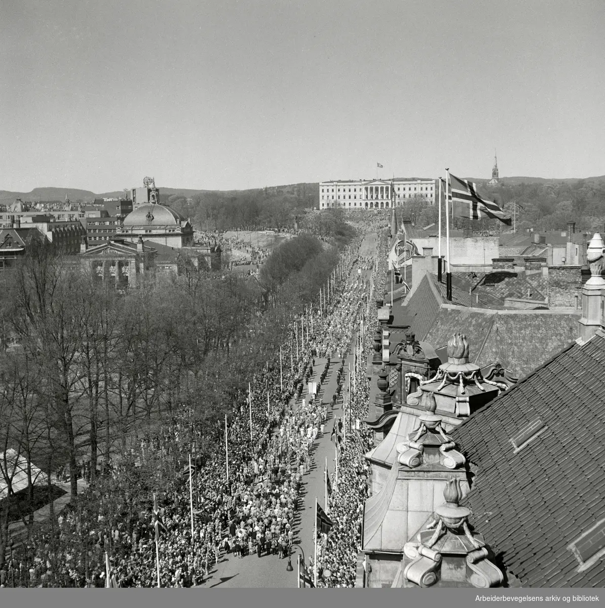 Barnetoget. Karls Johans gate, 17. mai 1951. Slottet. Studenterlunden. Nationaltheatret. Fotografert fra taket på Grand Hotel.