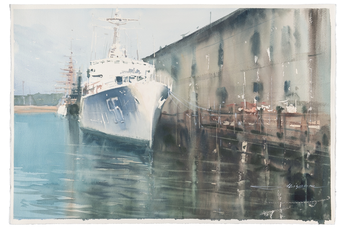 Akvarell föreställande minsveparen Bremön vid kaj intill Marinmuseum. I bakgrunden syns robotbåten Västervik och skeppsgossefartyget Jarramas. Gråblå färgskala på kraftigt papper. Signerad i höger nedre hörna.