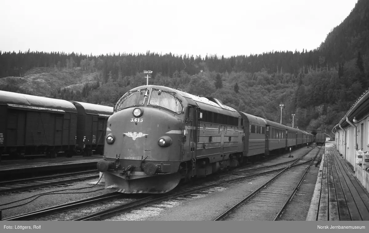 Diesellokomotiv Di 3 613 med dagtoget fra Bodø til Trondheim på Grong stasjon.